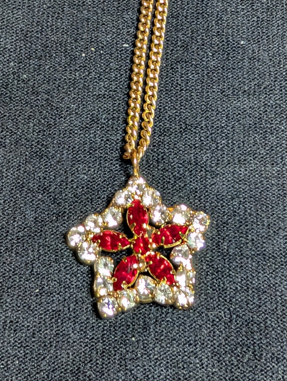 Gold Star Pendant Necklace with Red Crystal Flower